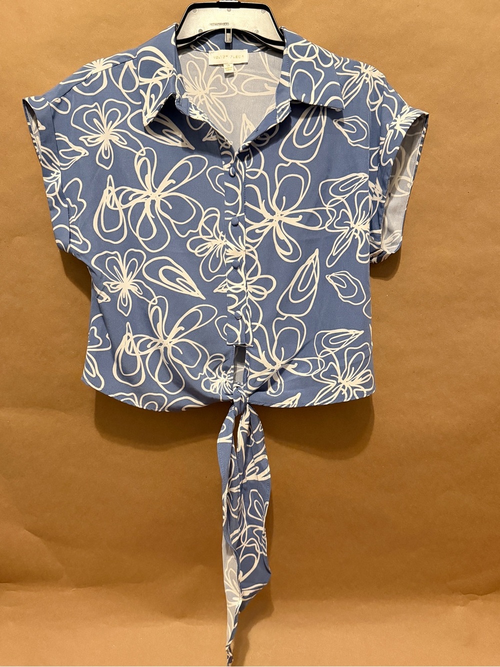 Velvet Fleur Blue & White Floral Tie-Front Crop Shirt